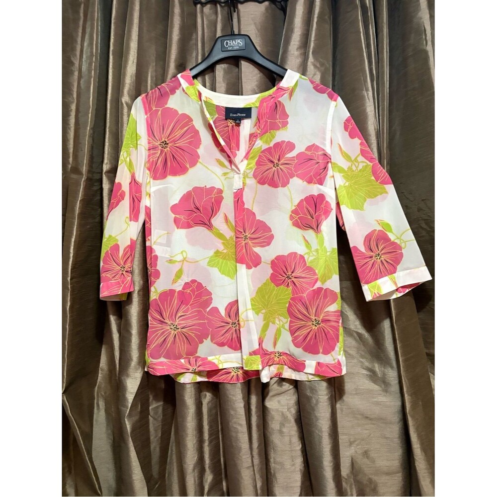 Evan Picone White Blouse with Pink Floral Print 21↔️18↕️ #1819
